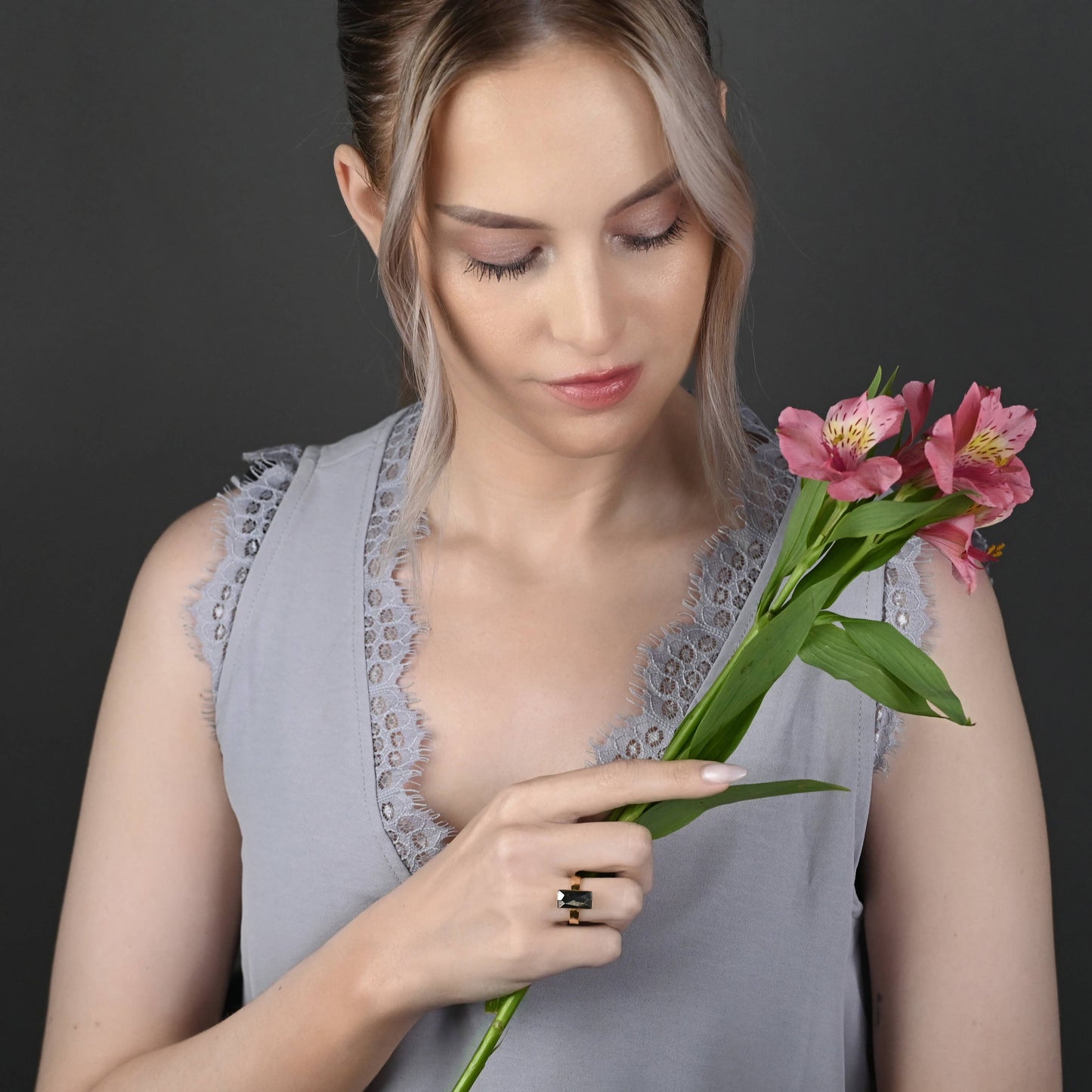 Rectangle Labradorite  Ring on a Hand Hammered Band: 7