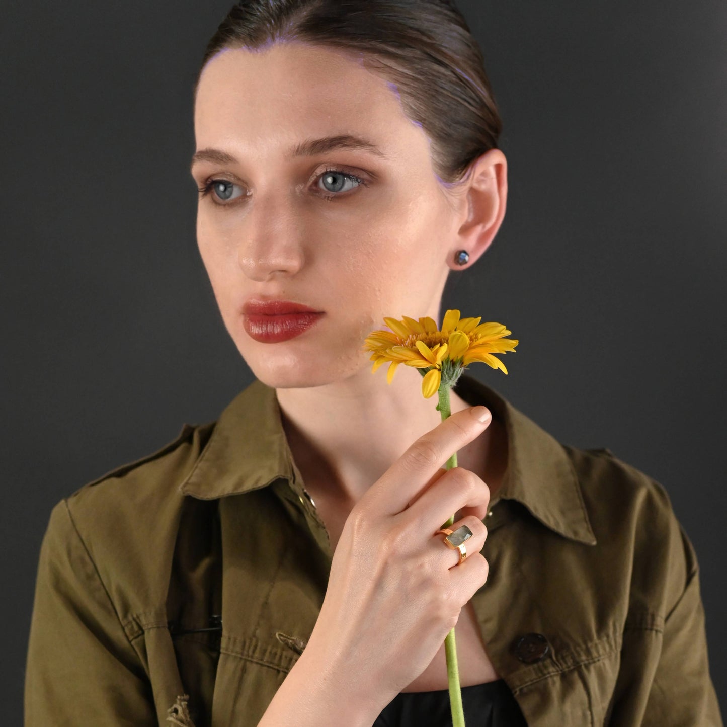 Rectangle Labradorite  Ring on a Hand Hammered Band: 7