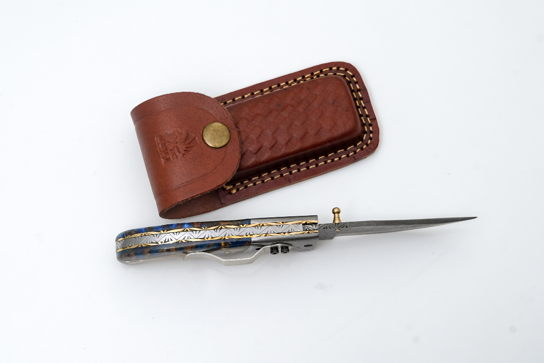 Hand-Forged Damascus Folding Pocket Knife | Blue Resin & Burl Wood Handle with Pocket Clip & Spine File Work