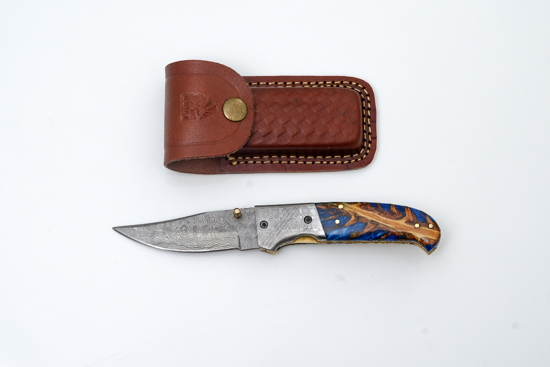 Hand-Forged Damascus Folding Pocket Knife | Blue Resin & Burl Wood Handle with Pocket Clip & Spine File Work