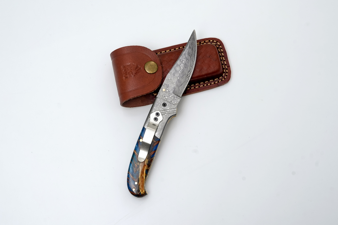 Hand-Forged Damascus Folding Pocket Knife | Blue Resin & Burl Wood Handle with Pocket Clip & Spine File Work