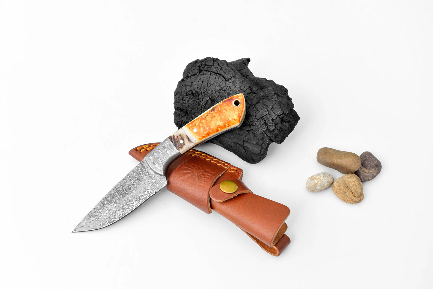 Damascus Steel Burnt bone & Walnut Hunting Knife