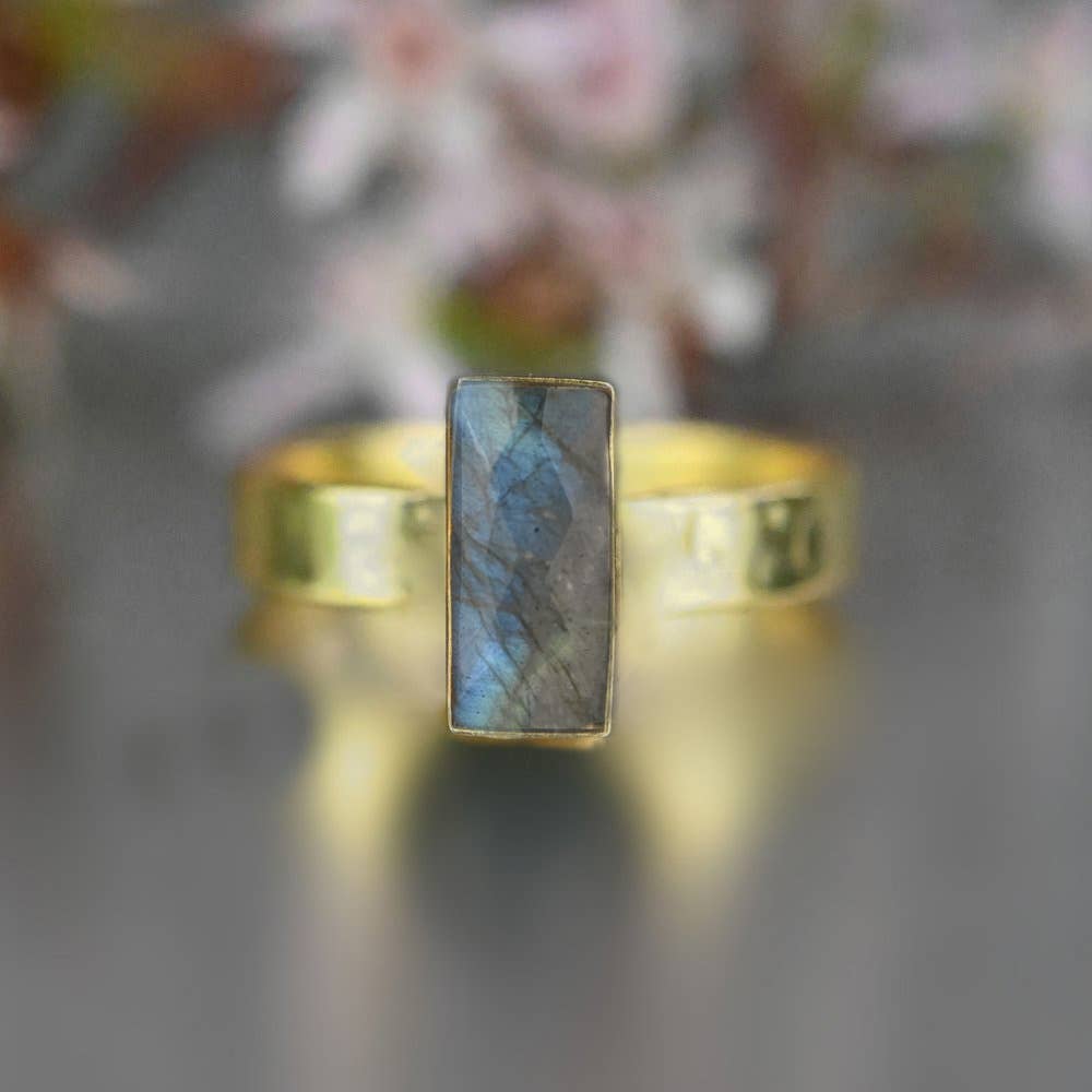 Rectangle Labradorite  Ring on a Hand Hammered Band: 7