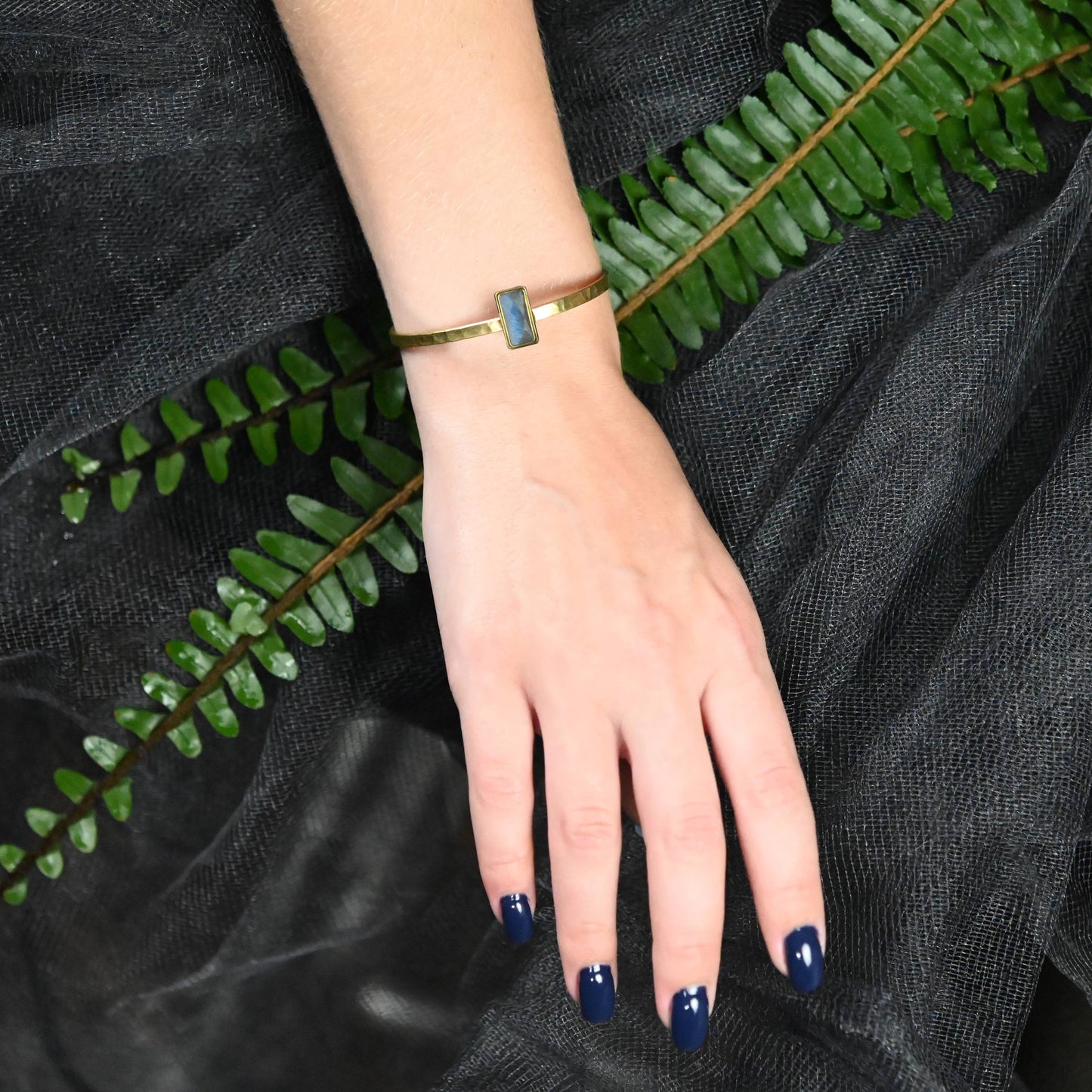 Thin Brass Cuff w/ Semi Precious Gemstone: Labradorite