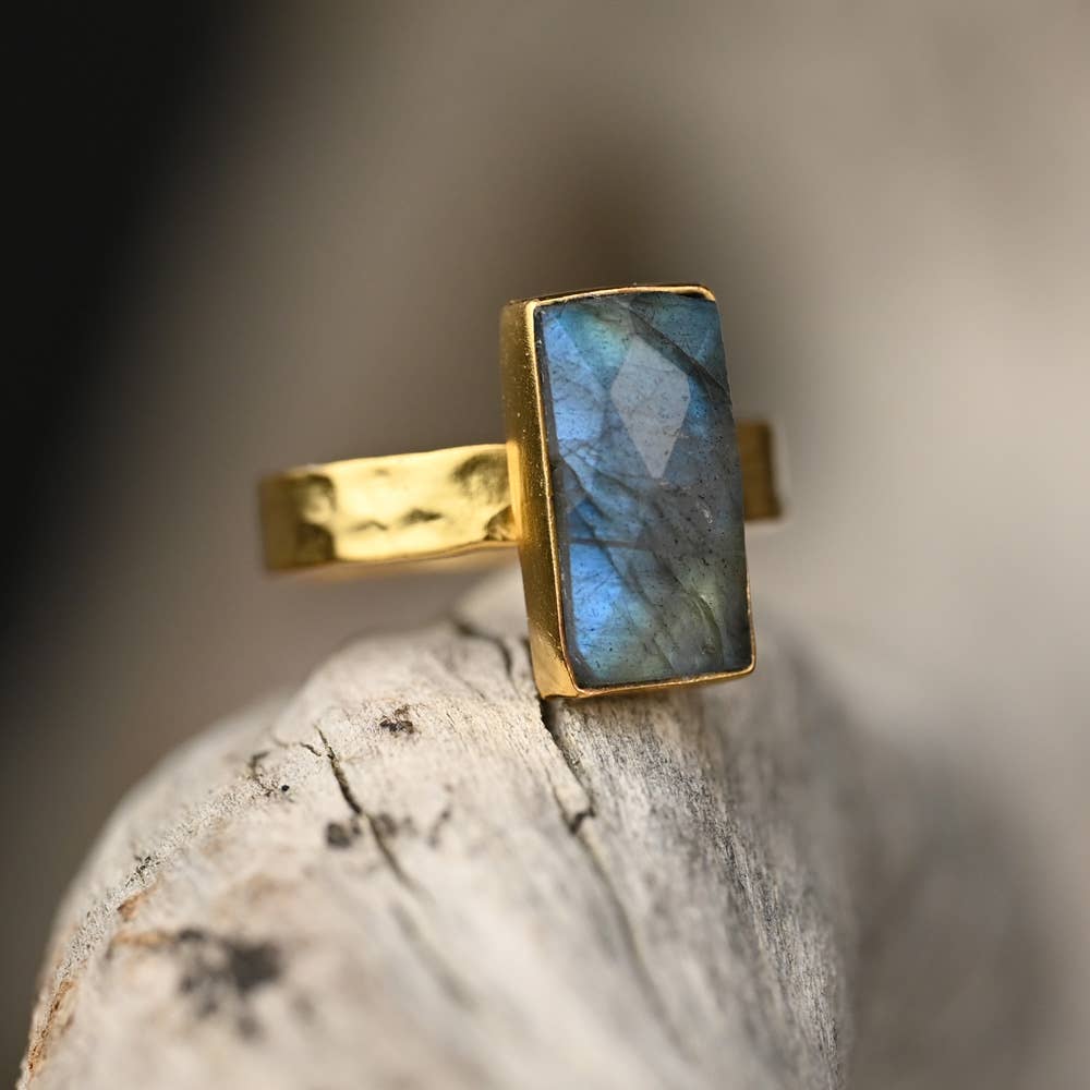 Rectangle Labradorite  Ring on a Hand Hammered Band: 7