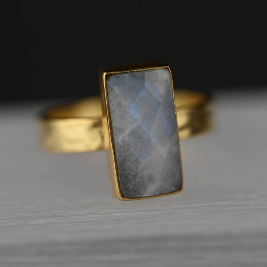 Rectangle Labradorite  Ring on a Hand Hammered Band: 7